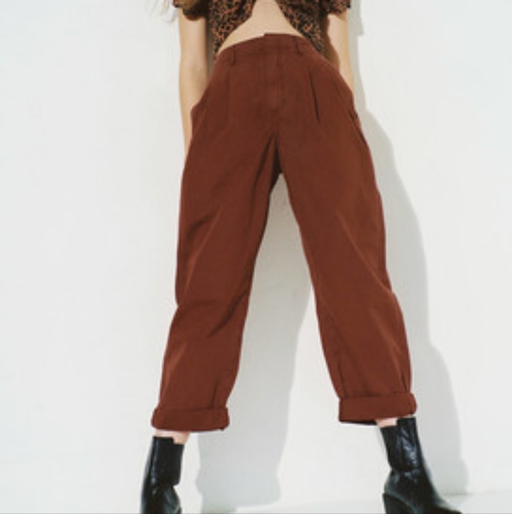 Urban Outfitters BDG Drew Poplin Pleated Cuffed Pants Brown Size Large L Relaxed